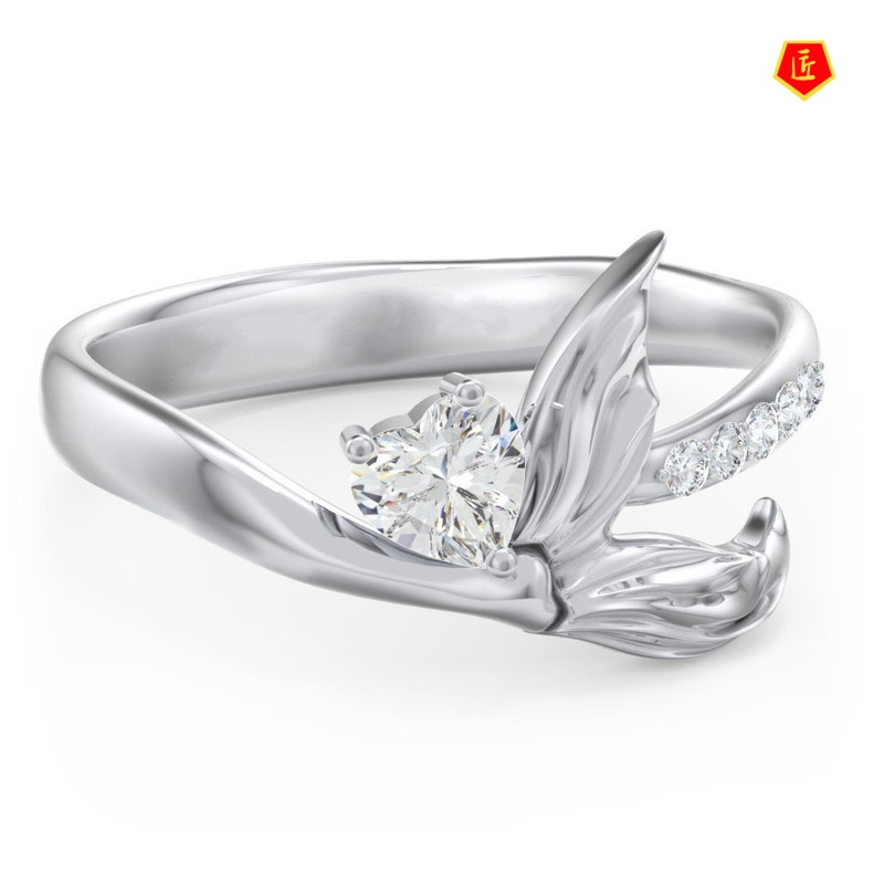 [Ready Stock]S925 Silver Fishtail-Shaped Inlaid Heart-Shaped Diamond Ring Simple and Stylish