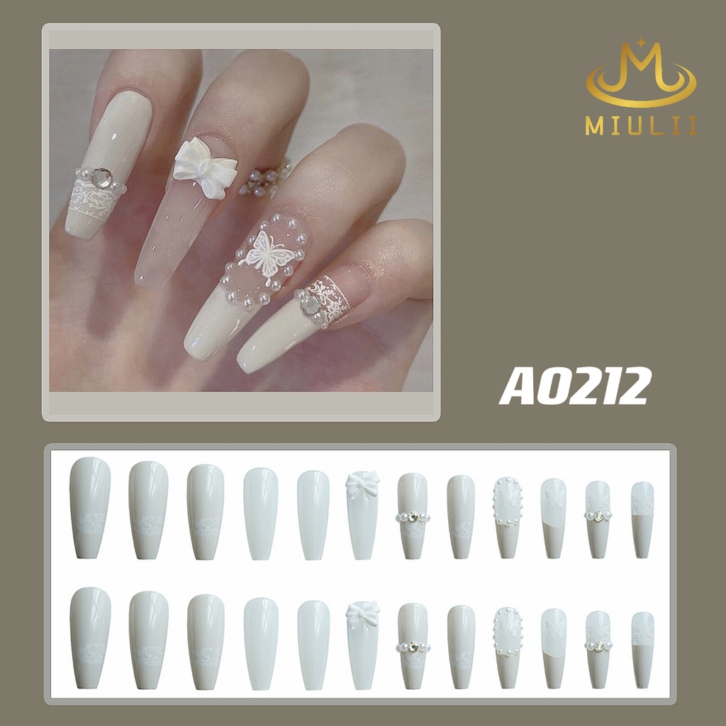 MIULII / KUKU PALSU PANJANG Romantic White A0212  / 24PCS / 3D / NAIL ART / PREMIUM / CUTE / PUTIH / WEDDING  / FREE LEM JELLY / KUTEK