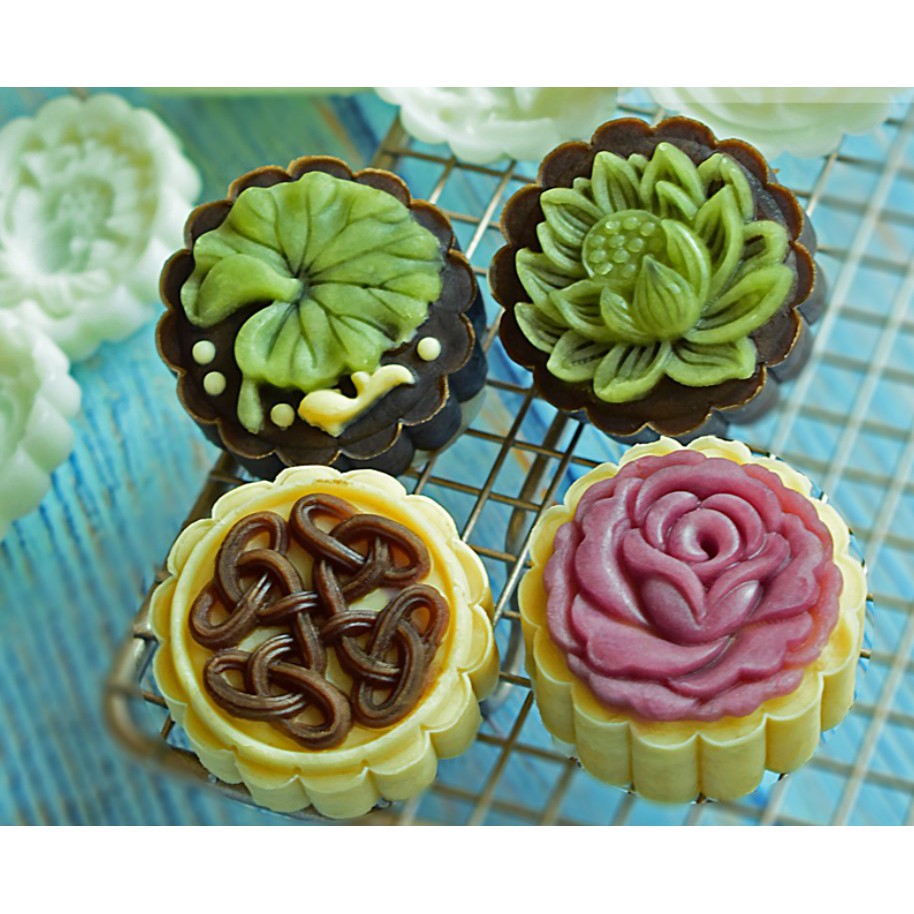 (4pc) cetakan kue bulan 2020 (50gr) cetakan nastar mooncake press mold bulat - Flower 1