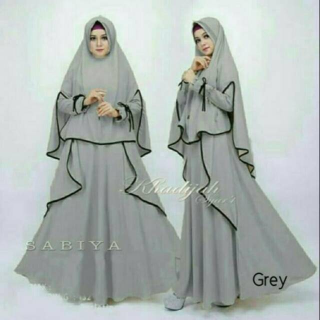 Baju Muslim Wanita Gamis Sabiya Syari Busana Lebaran Motif Polos Warna Abu Abu