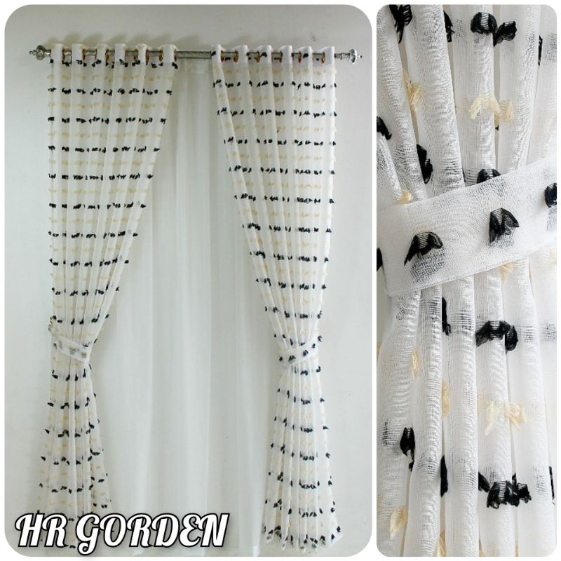 Gorden vitrase Ruby Jendela Minimalis Transparan Warna Krem Hitam Model Smokring 12 Lubang Ring