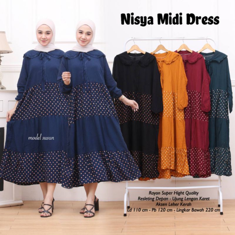 Midi Dress Rayon Super Resleting Depan Bisa Untuk Busui Bumil Ujung Lengan Karet Motif Nisya Kekinian