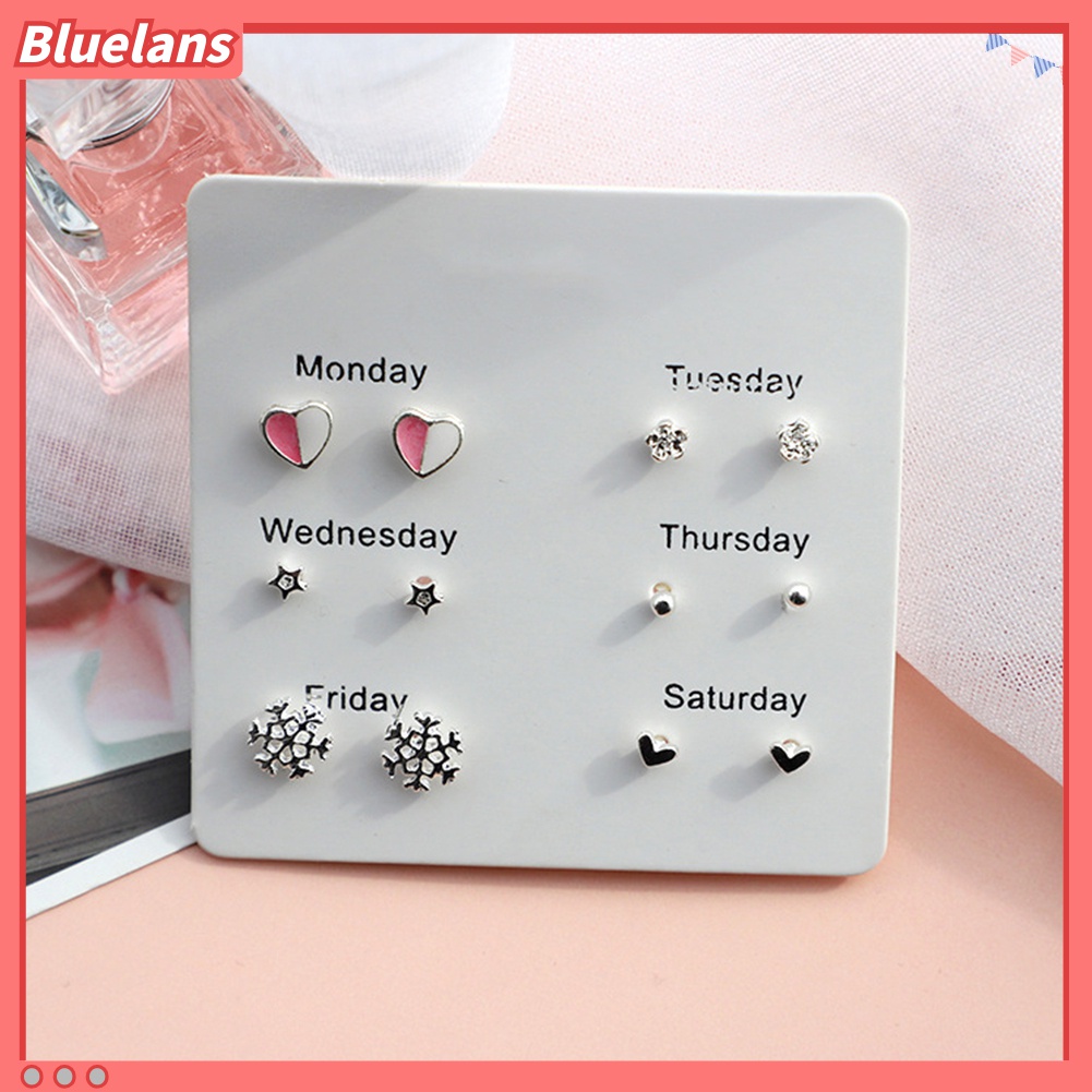 Set 6 Pasang Anting Stud Bentuk Hati Bulu Snowflake Lingkaran Untuk Wanita