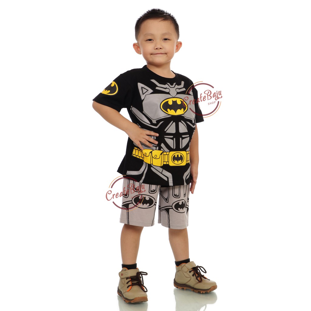 Setelan Anak Laki-Laki Hayami 2-7 Thn Motif Batman Baju Anak Laki Lengan Pendek Bahan Katun-Batman Hitam
