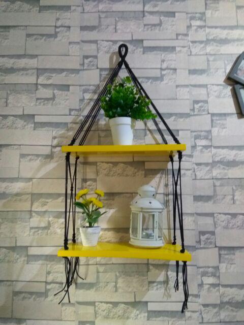 Rak Dinding Gantung Pot Tanaman 2 Susun Tali Hitam Minimalis