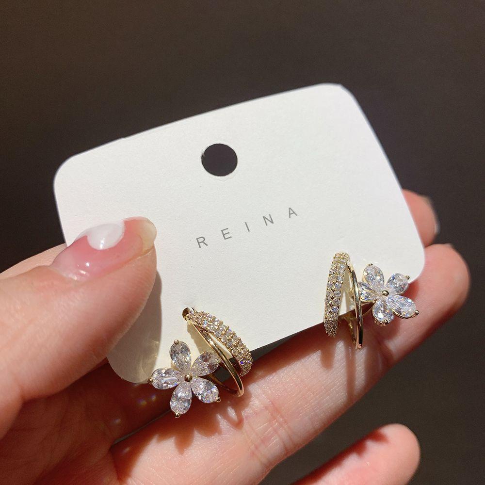 R-flower Stud Earrings Berlian Imitasi Logam Mutiara Elegan