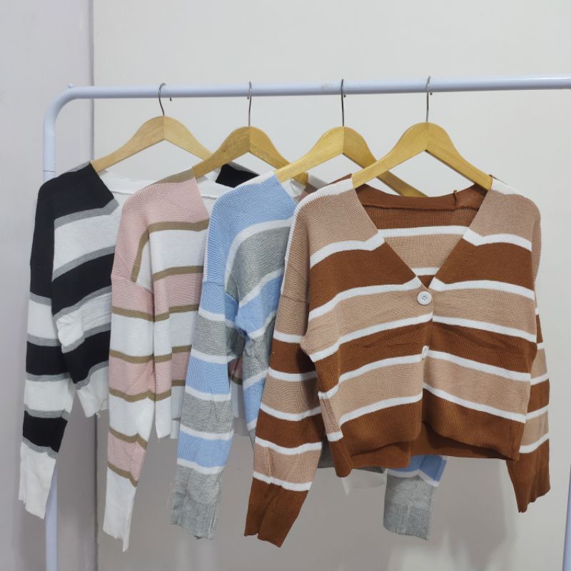 【IMPORT PREMIUM】leher v-neck Stripe Knit Cardigan Lengan Panjang Korean Style Import BKK kardigan oter cewek rajut-6