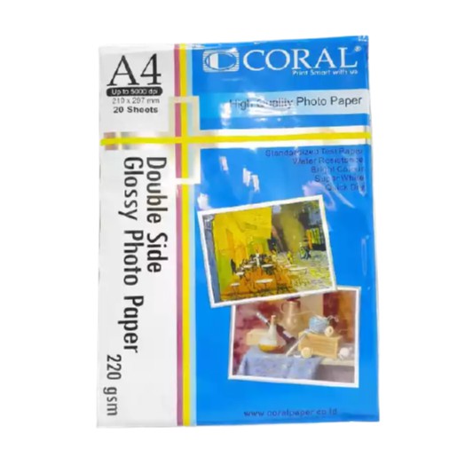 

Kertas Photo Coral Glossy Double Side A4-220 Gr (Pack=20 Sheet)