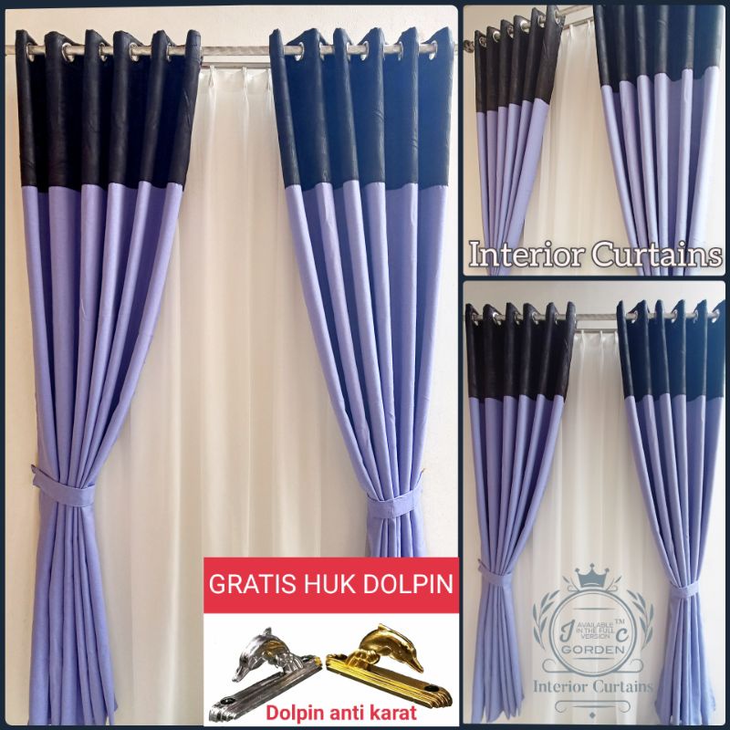 Gorden Hordeng Blackout Motip Kotak dan salur Slim Combinasi Warna Ungu Lilac Hitam size L135cm x T2