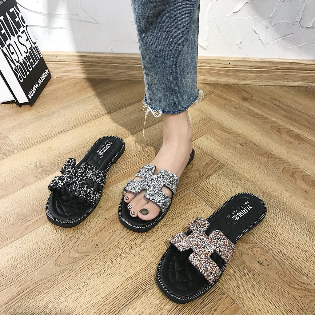 Sandal Selop Flat Open Toe Warna Hitam Gold Silver Glitter 