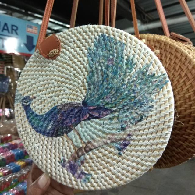 TAS SELEMPANG ROTAN BUNDAR PUTIH VARIASI WARNA CANTIK 20x20x7 cm - SLING BAG WANITA - KADO MURAH