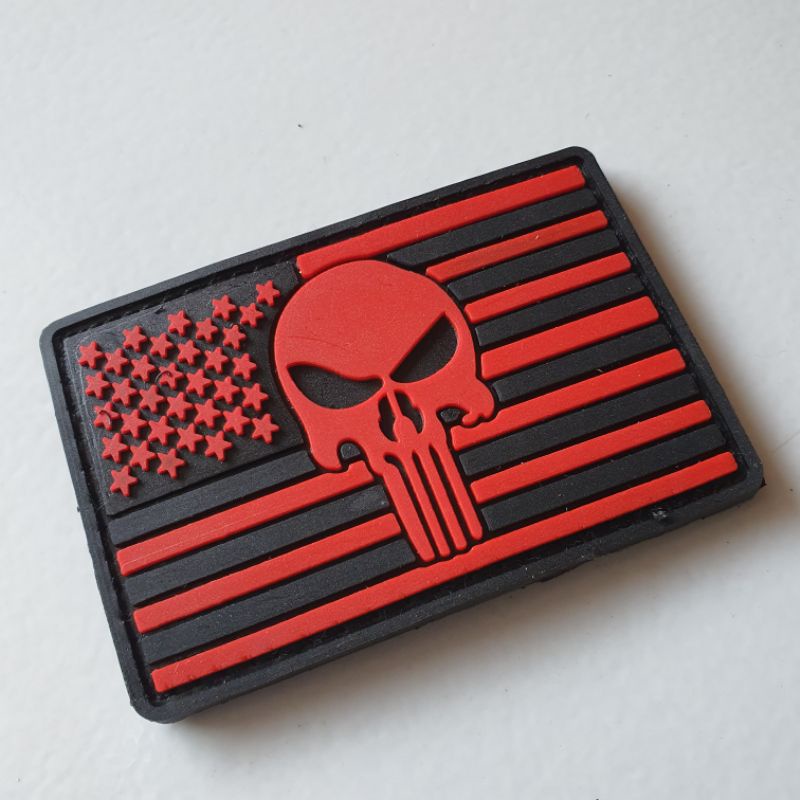 PATCH RUBBER LOGO SKULL FUNISHER BENDERA U.S.A MERAH/TEMPELAN EMBLEM KARET VELCRO TACTICAL