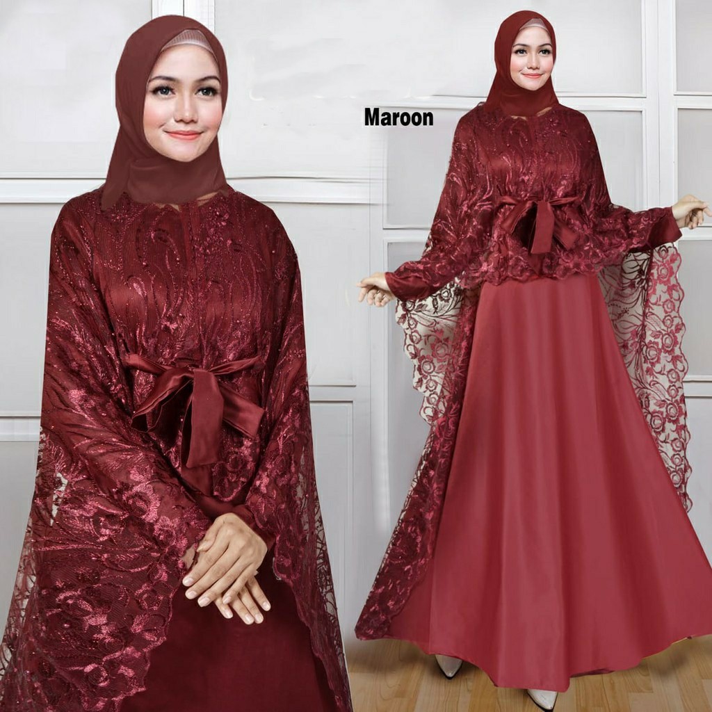 HOPYLOVY - Maxi Dress Wanita Aminah Cape Brukat