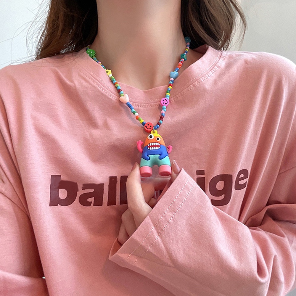 1pc Kalung Liontin Manik-Manik Kartun Kelinci Warna Pink Pelangi Gaya Hip Hop Untuk Wanita