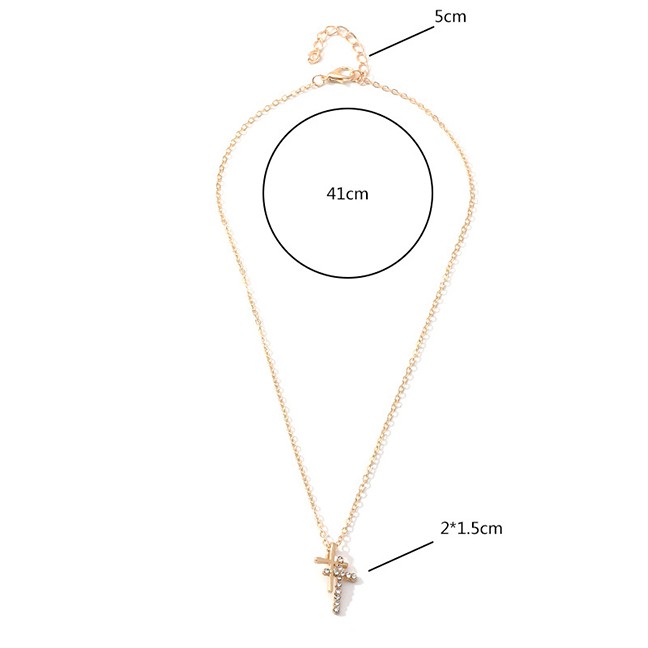 LRC Kalung Wanita Fashion Golden Double Cross Alloy Zircon Necklace D91966