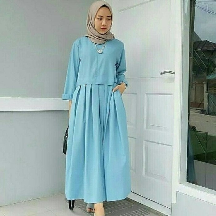 DRESS MUSLIM MEI LONG TUNIK BUSUI DMS 5 WARNA ALL SIZE FIT TO L  - Biru Muda