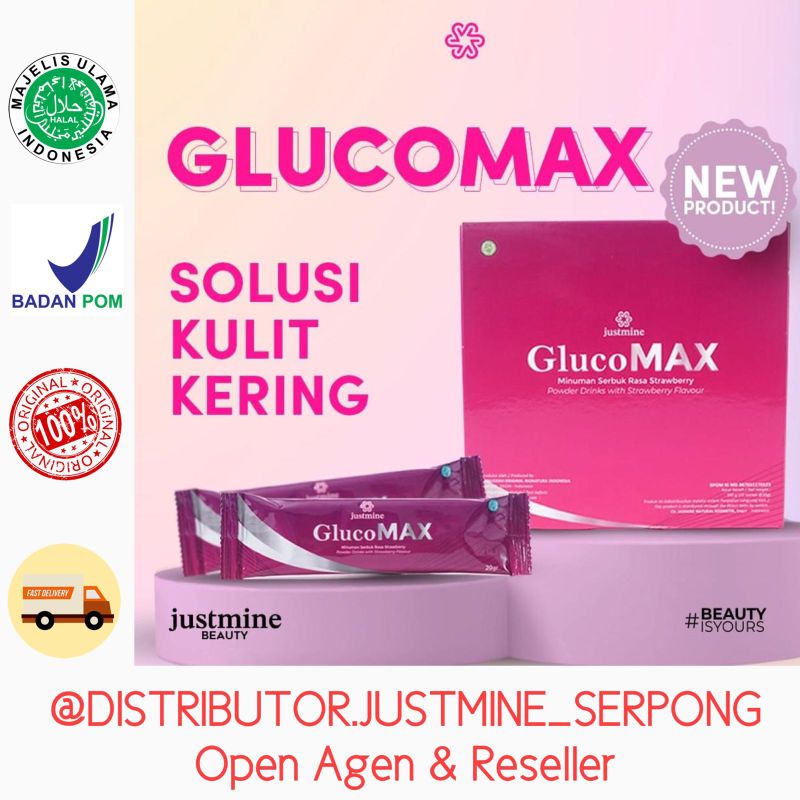 MINUMAN COLLAGEN GLUCO MAX JUSTMINE BEAUTY, COLLAGEN, MINUMAN SERBUK PEMUTIH, MINUMAN SERBUK COLLAGE