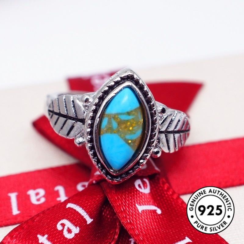 Cincin S925 Silver Bentuk Daun Turquoise Gaya Retro