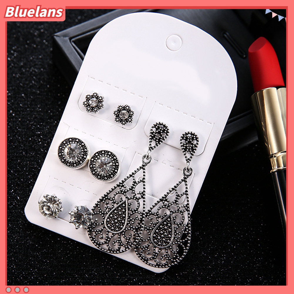 Set Perhiasan Anting Stud Liontin Bentuk Tetesan Air Rongga Warna Silver Gaya Boho Antik Retro