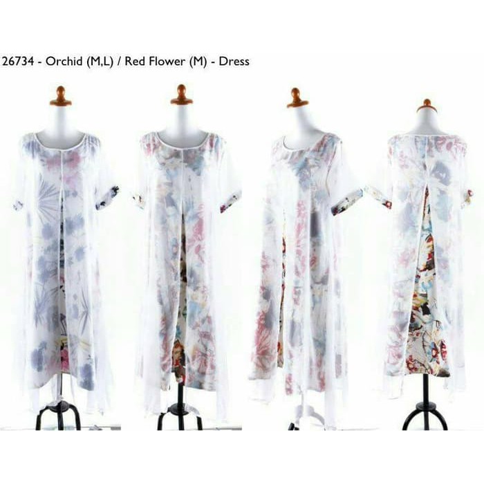 New Dress midi floral orchid, merah, chiffon,katun murah import cina korea untuk pesta kerja kantor