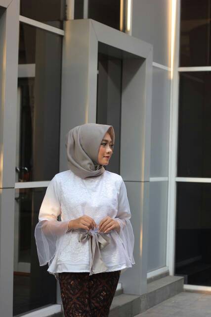 Blouse Tulle Bordir Brokat Wanita Putih M L XL XXL