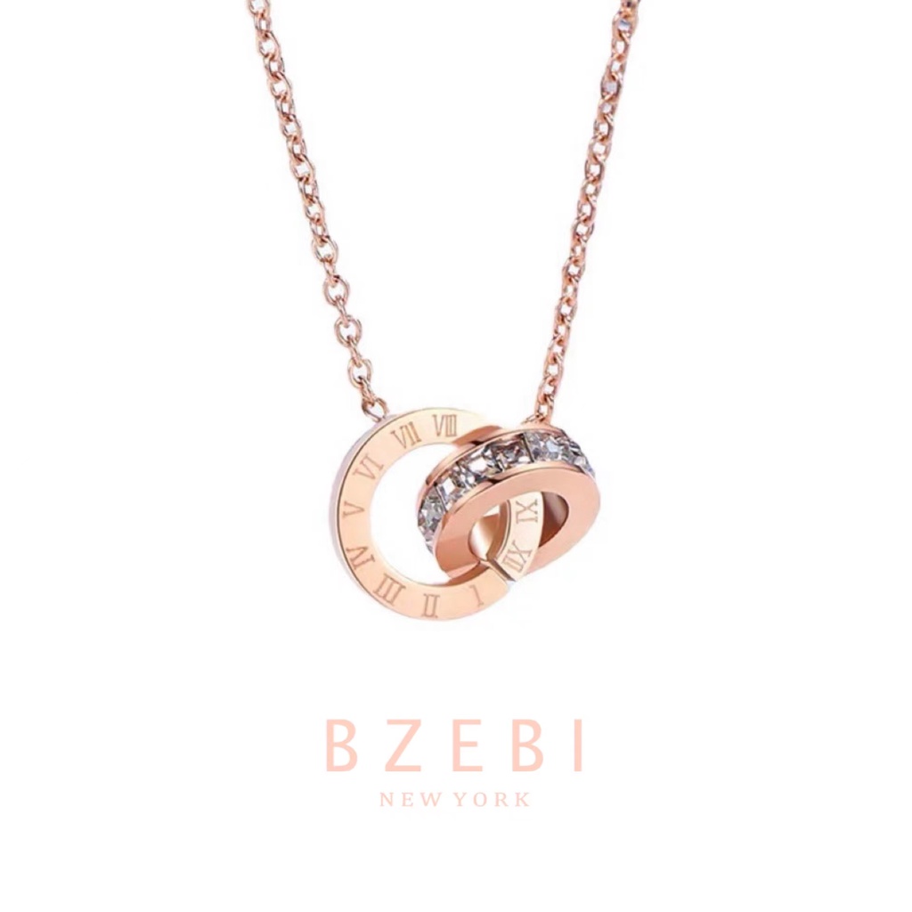 Bzebi Kalung Rantai Titanium Steel Rose Gold 18k Liontin Angka Romawi 961n Hias Berlian Untuk Wanita