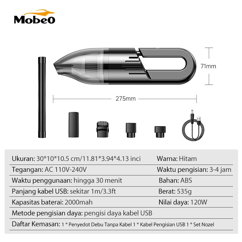 Mobeo Wireless Car Vacuum Cleaner Portable Penyedot Debu Mobil Vakum