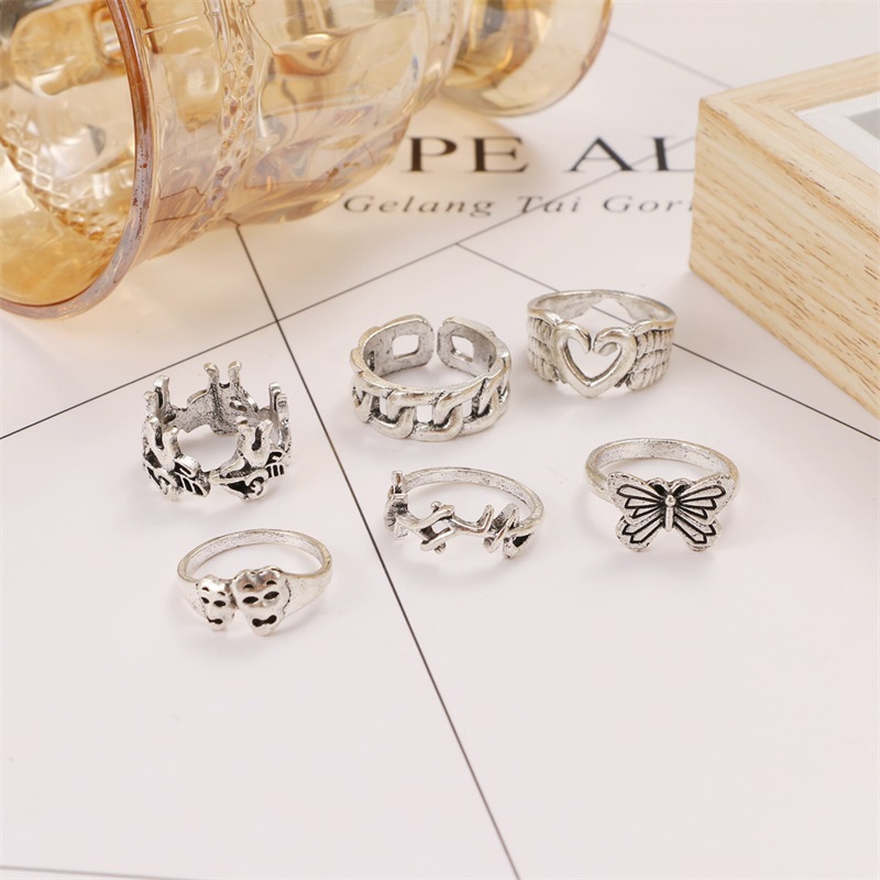 6 piece set opening adjustable personality ring skull exaggerated joint ring Cupid love butterfly ring For women