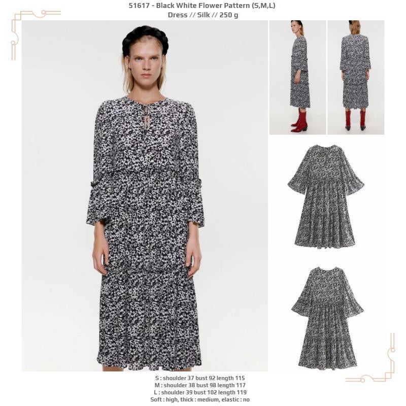 51617 Black White Flower Pattern Dress / Dress Casual Panjang Hitam Putih