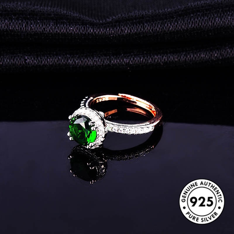 Cincin Inlaid Emerald Rose Gold Plated S925 Silver Gaya Elegan Untuk Wanita