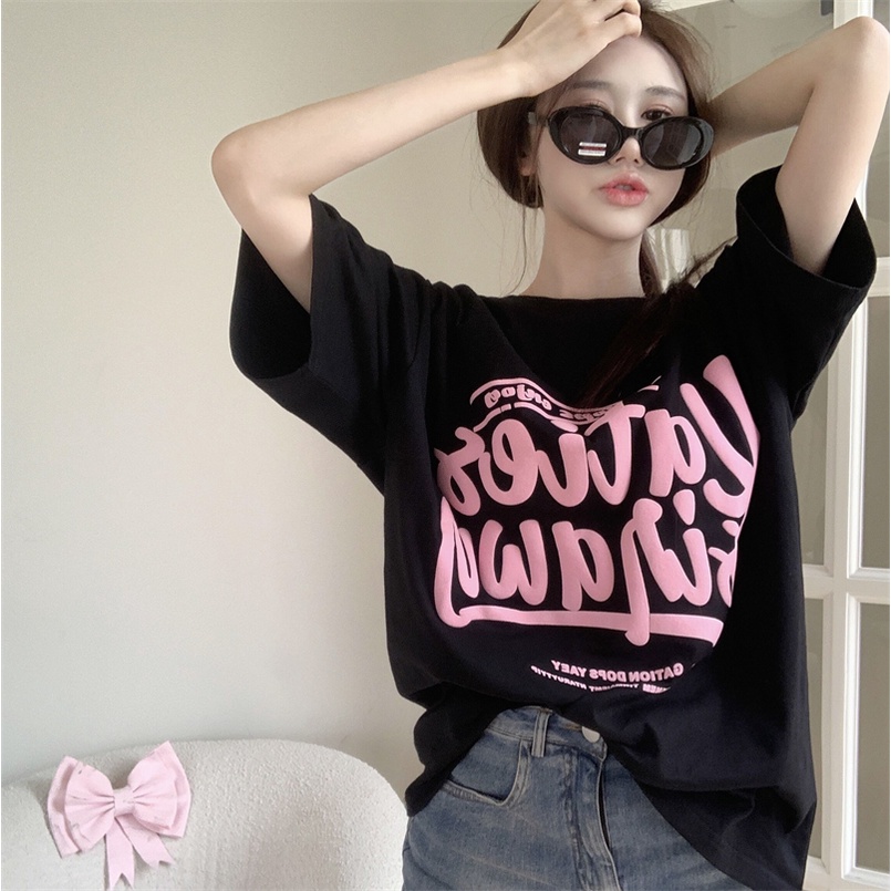 kaos atasan wanita lengan pendek oversize printed letters t shirt korean style kaos hitam