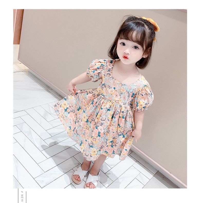 Dress Anak Perempuan Korean Fashion Floral Printed Short Sleeve Gaun