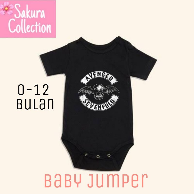 Kaos baju bayi jumper baby kids pendek band AVENGED SEVENFOLD punk rock metal logo tulisan usia 0 1 2 3 4 5 6 7 8 9 10 11 12 bulan sampai umur 1 tahun adem jumpsuit babysuit romper bodysuit little anak kecil hitam laki laki perempuan unisex nyaman lembut