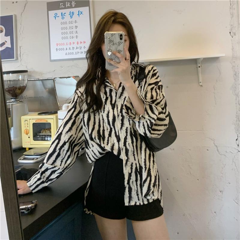 Shifon blus zebra print kemeja mantel rasa kemeja tipis sifon blus Perancis lengan panjang [di