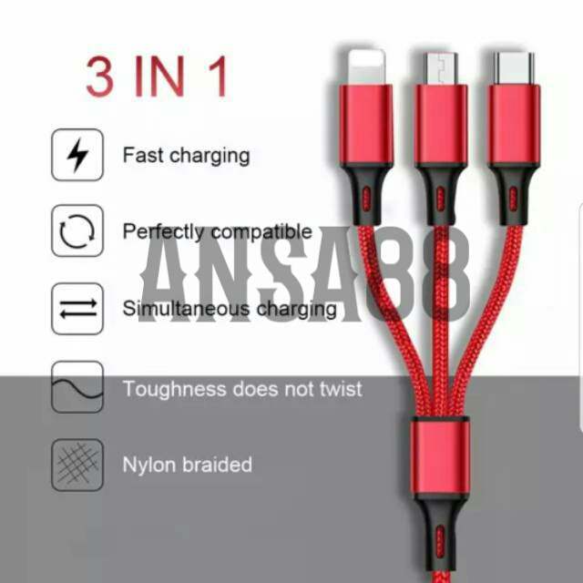 Kabel 3in1 setara fast charging kabel casan 3in1 kabel charger 3 kepala kabel powerbank CAB13