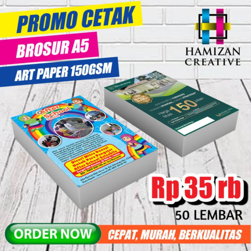 

CETAK BROSUR A5 ART PAPER 150GSM FULL COLOR 1 SISI/2 SISI MINIMAL 50 LEMBAR