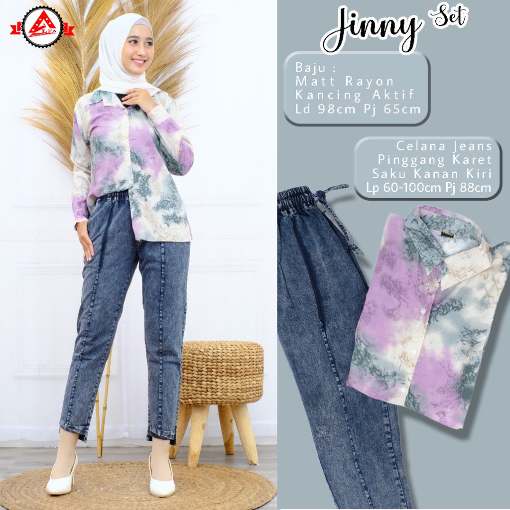 One Set Wanita Baju Rayon Celana Jeans Jinny Set | Baju Setelan Wanita Dewasa Kekinian