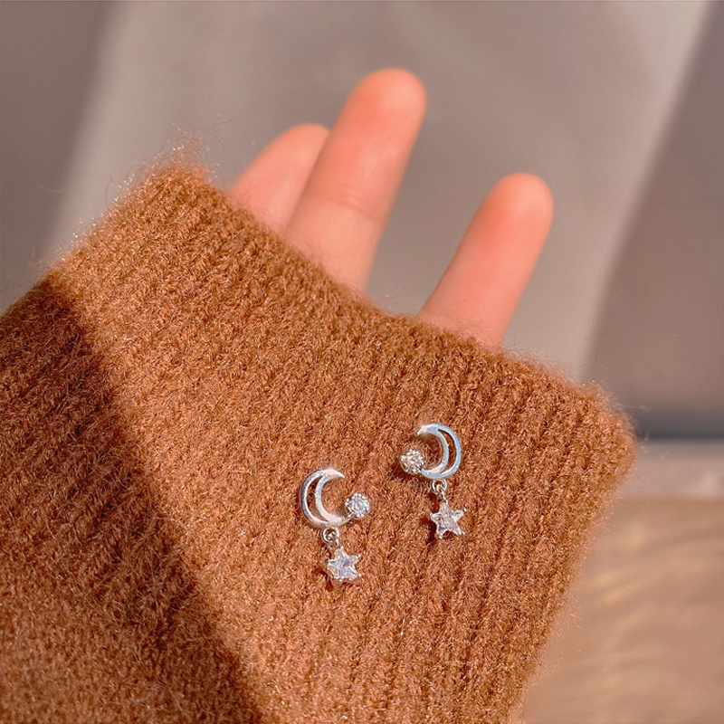 Anting S925 Silver Needle Bentuk Bintang Dan Bulan Aksen Zircon Gaya Korea Untuk Wanita