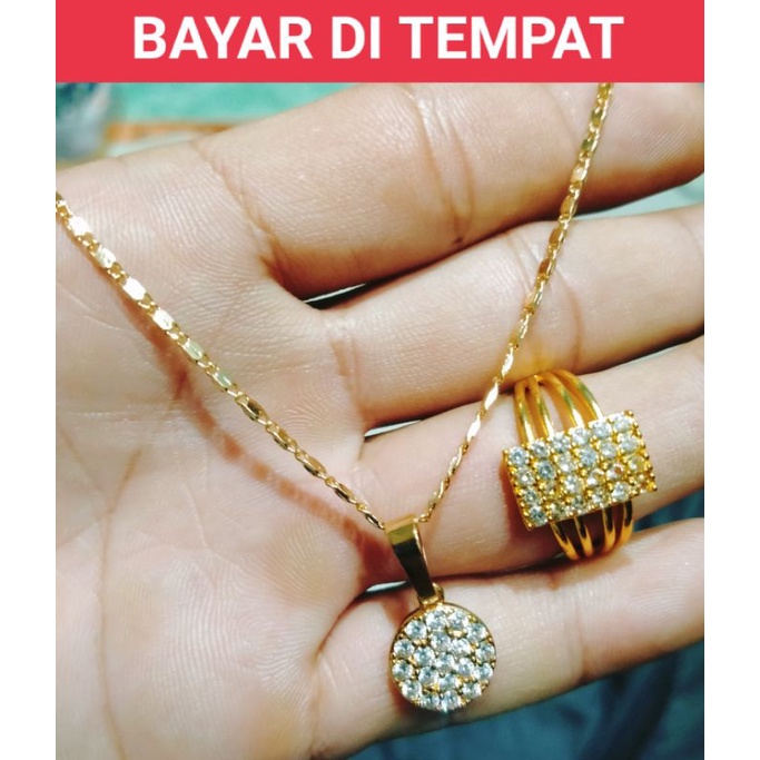 SET PERHIASAN WANITA TITANIUM KALUNG FREE CINCIN FULL PERMATA LAPIS EMAS GOLD