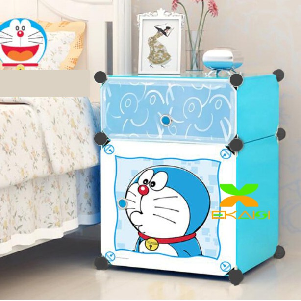 Ekaisi Lemari plastik bedside table anti air rak buku susun 2 pintu/kotak pintu doraemon