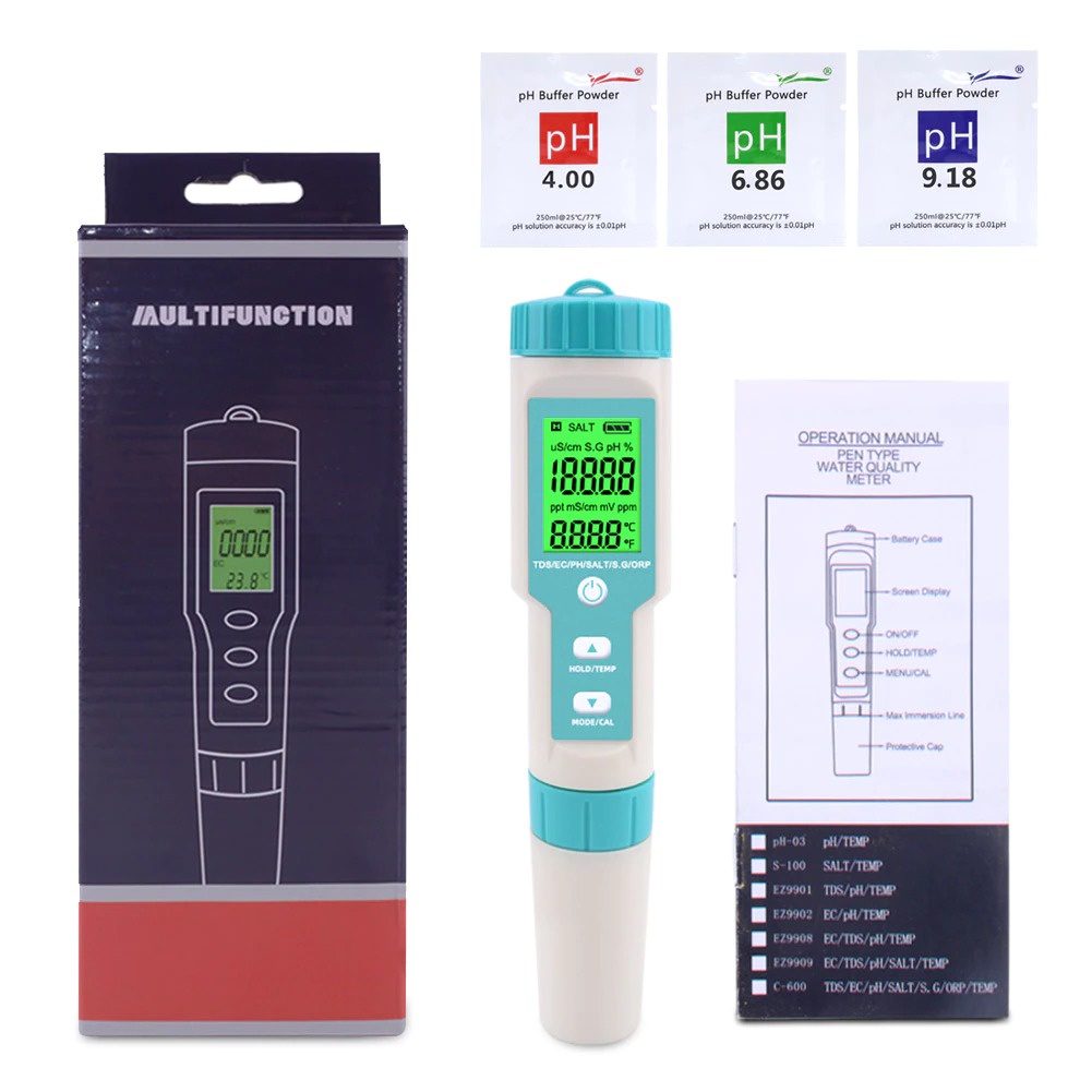 C600 Alat Ukur Kualitas Air 7in1 PH TDS EC ORP Salinity SG Temperature Water Tester C-600