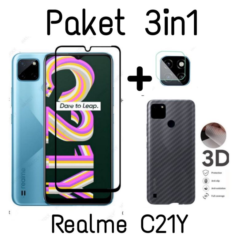 Paket 3in1 Realme C21Y C21 C20 C25 C25S C15 C11 C12 Tempered Glass Full Layar Dan Skin Carbon Lensa Camera