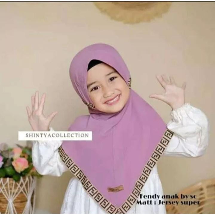 kerudung instan jersey bergo anak perempuan fendi umur 3-8 tahun bahan jersey hyget jumbo motif list tali serut ped antem terbaru