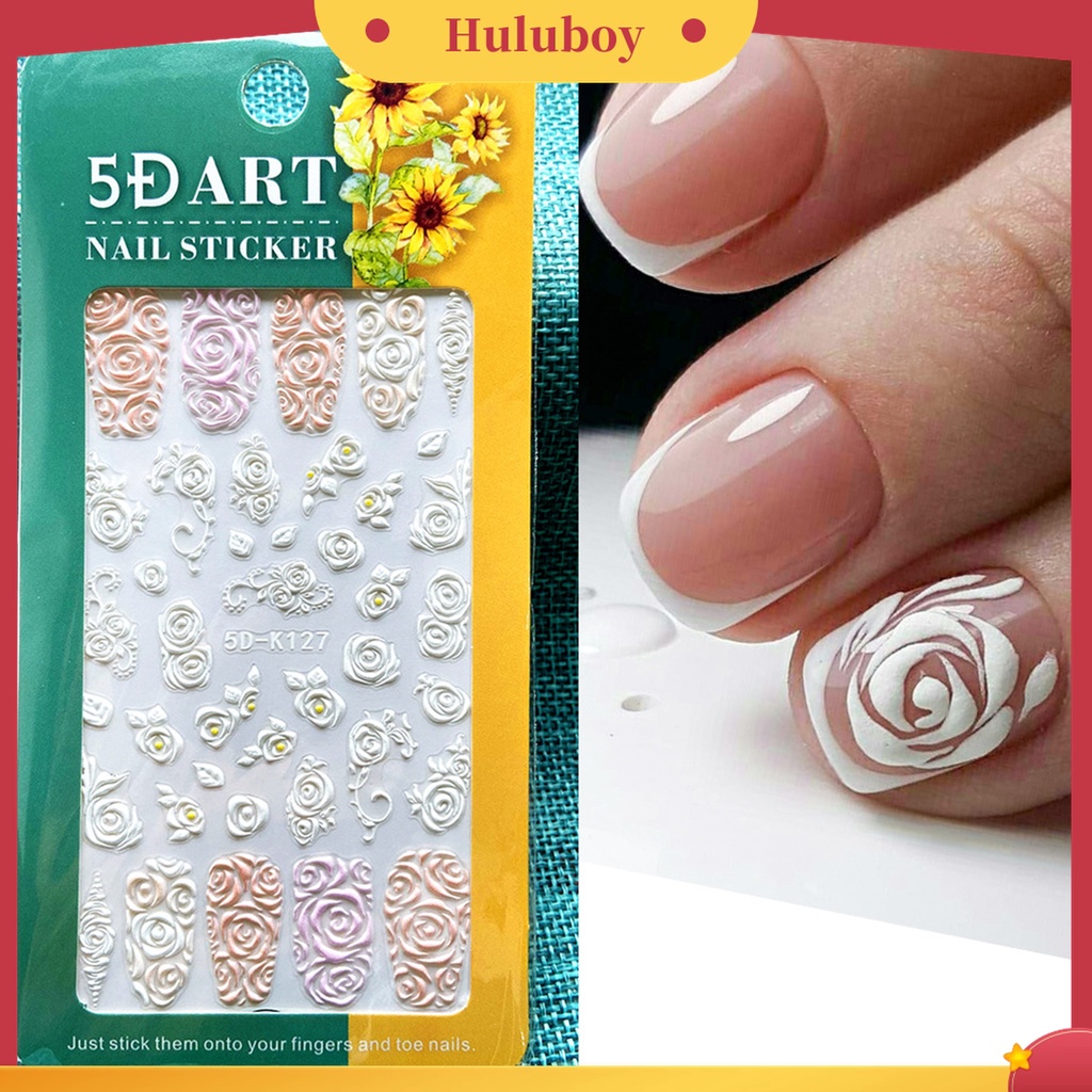 Huluboy Huluboy♡ Stiker Kuku Desain Bunga Timbul 5D Warna Putih Untuk Manicure