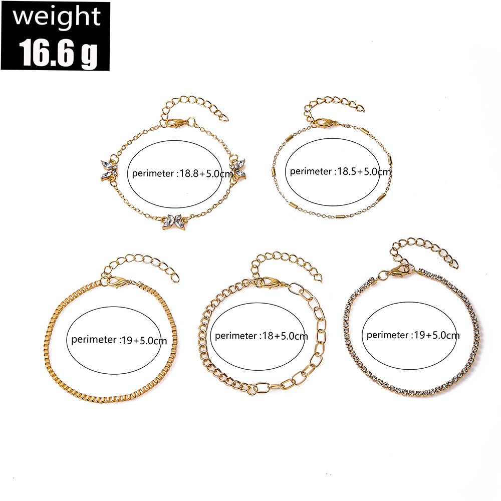 【COD Tangding】5pcs / set Gelang Rantai Silang Desain Kupu-Kupu Warna Silver Emas