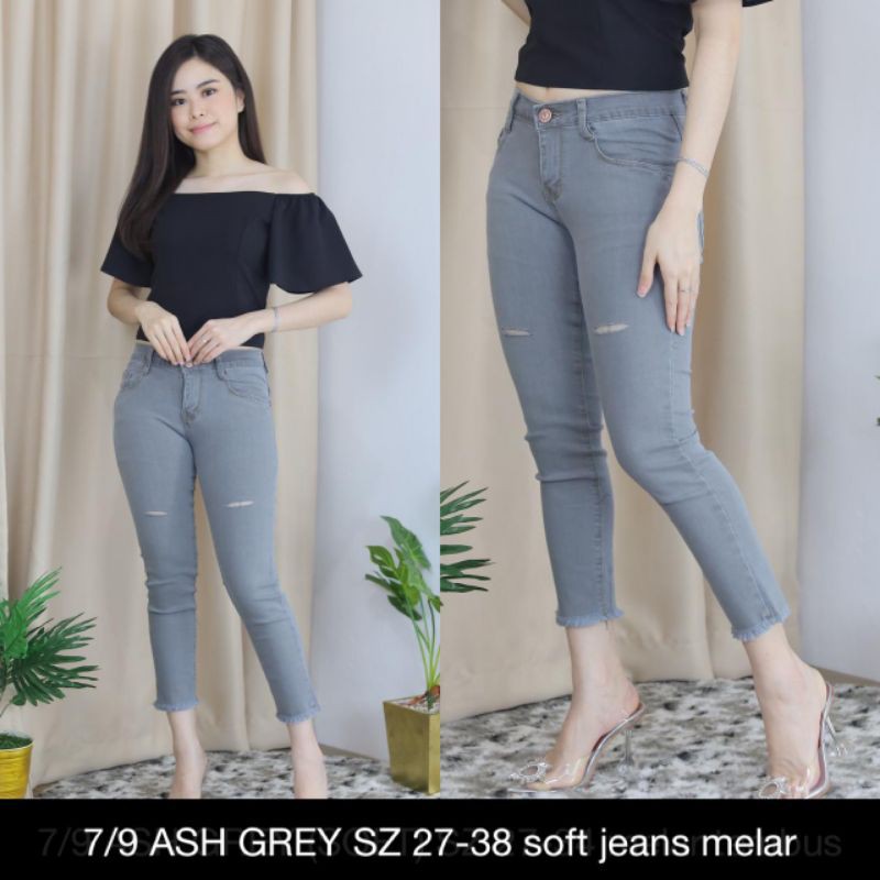 CELANA 7/9 RIPPED JEANS CEWEK ASH GREY STANDAR DAN BIGSIZE JUMBO