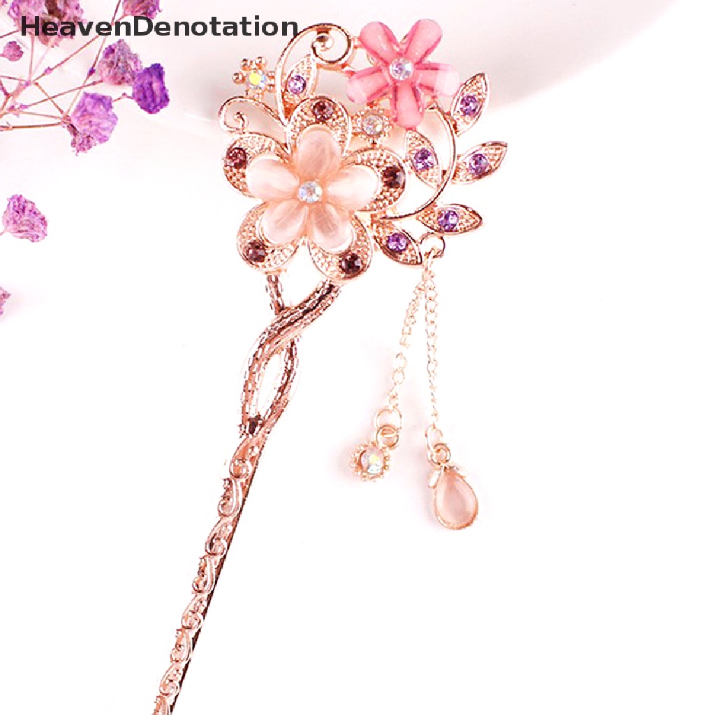 [HeavenDenotation] Cat Eye Stone Hair Pin Double Flower Rhinestone Hair Stick Hair Clip