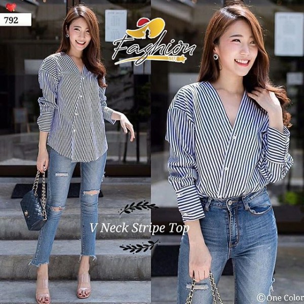 PAKAIAN WANITA BLOUSE V-NECK STRIPE TOP BLUE | X68