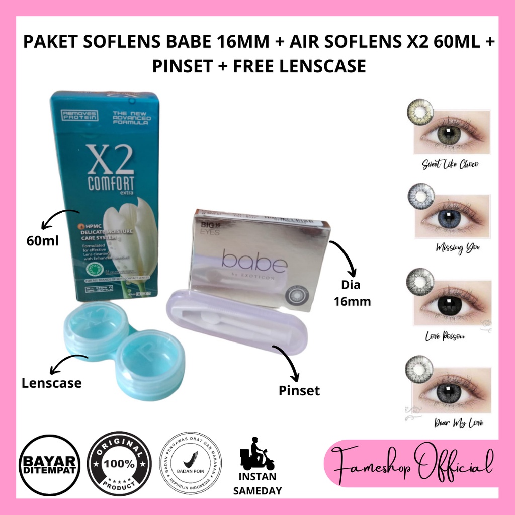 PAKET SOFTLENS BABE DIA 16MM NORMAL &amp; MINUS + CAIRAN X2 60ML + PINSET + LENSCASE / COD INSTAN SAMEDAY / LENSA KONTAK / PAKET MURAH