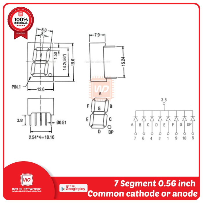 Seven 7 Segment 0.56 inch 1 digit Super Bright CA CC KEM-5613-ASR BSR